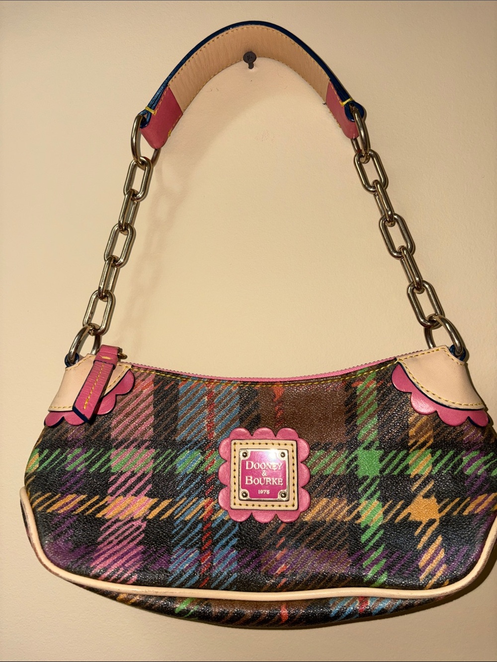 Dooney & Bourke Multicolor Plaid Shoulder Bag with Pink Accents